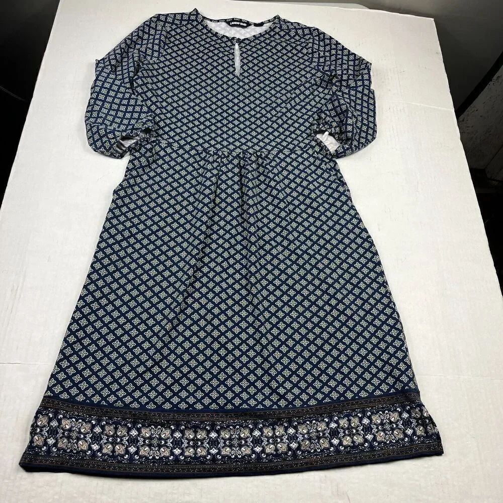 Lands End Midi A-Line Dress Medallion Print 3/4 Sleeve Work Pullover Size SMALL